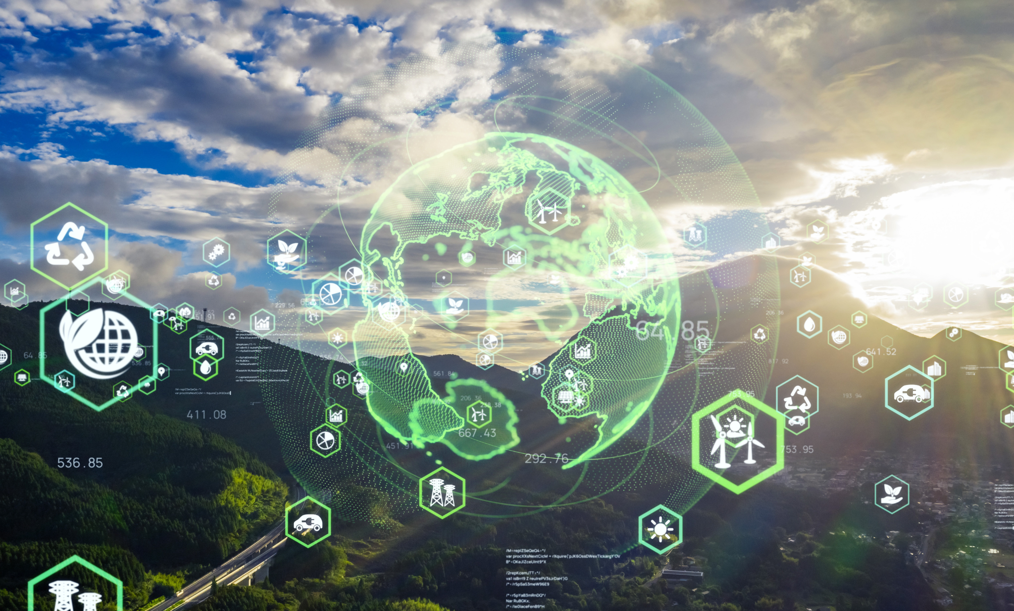 Sans titre (16) Concept d'économie global interconecée grace aux équipes informatiques dans un monde vert avec un ciel blue avec des nouages. La reprise des équipes IT pour les recycler aide la planète en même temps que nous pouvons être interconnectés.