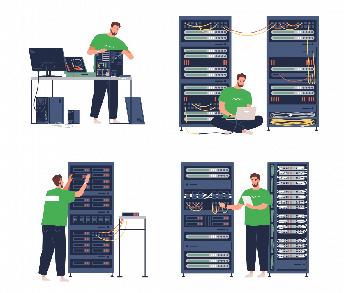 Représentation graphique d'une personne qui est en train de maintenir les produits informatiques rachetés ou recyclés. Financement informatique durable. Evernext capital.